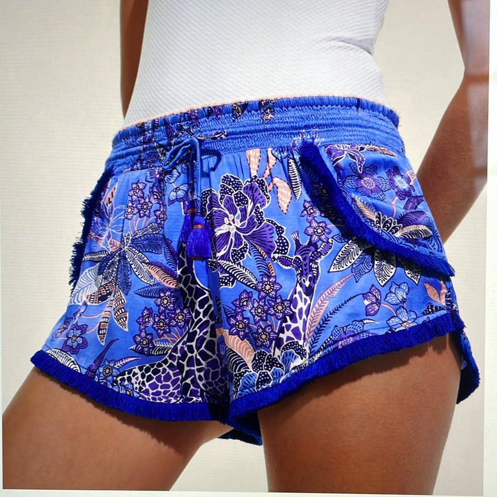 Poupette St Barth Boxer Lulu Shorts Size L Green Floral Pink Fringe Trim EUC - Picture 10 of 11